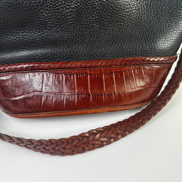 Brighton Black Leather Croc Trim Braided Strap Shoulder‎ Bucket Handbag Purse - Picture 3 of 13